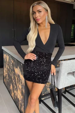 Black Velvet Sequin 2 in 1 Wrap Top Long Sleeve Mini Dress