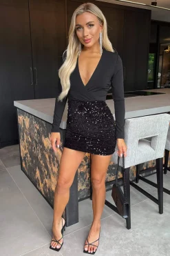 Black Velvet Sequin 2 in 1 Wrap Top Long Sleeve Mini Dress