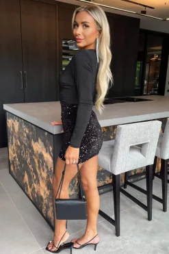 Black Velvet Sequin 2 in 1 Wrap Top Long Sleeve Mini Dress