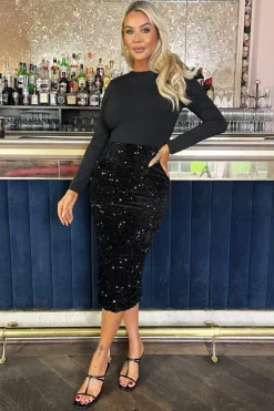 Black Velvet Sequin 2 in 1 Long Sleeve Midi Dress