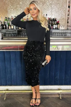 Black Velvet Sequin 2 in 1 Long Sleeve Midi Dress
