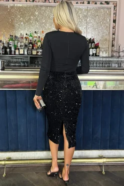 Black Velvet Sequin 2 in 1 Long Sleeve Midi Dress