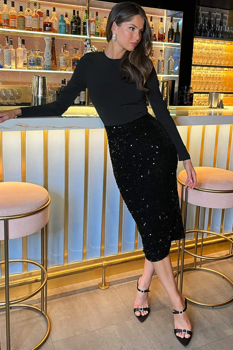 Black Velvet Sequin 2 in 1 Long Sleeve Midi Dress