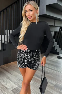 Black Velvet Sequin 2 in 1 Long Sleeve Playsuit