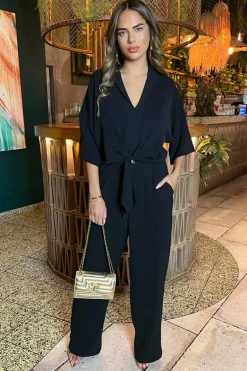 Black V-Neck Collar Tie Front Shirt