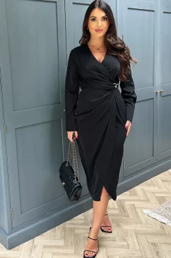 Black Wrap Gold Buckle Midi Dress