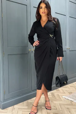 Black Wrap Gold Buckle Midi Dress