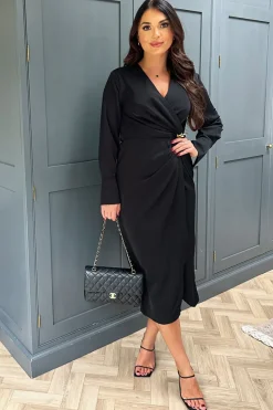 Black Wrap Gold Buckle Midi Dress