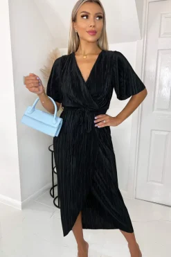 Black Wrap Top Belted Short Sleeve Plisse Midi Dress