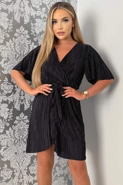 Black Wrap Top Belted Short Sleeve Plisse Mini Dress
