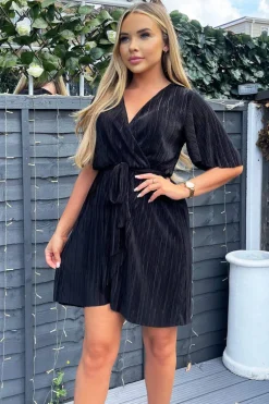 Black Wrap Top Belted Short Sleeve Plisse Mini Dress