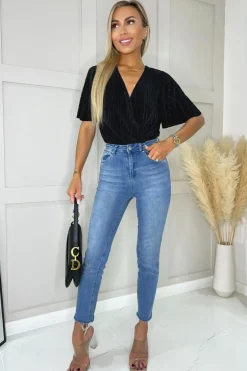 Black Wrap Top Butterfly Sleeve Plisse Bodysuit