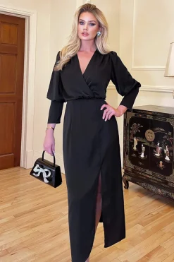 Black Wrap Top Long Sleeve Midi Dress