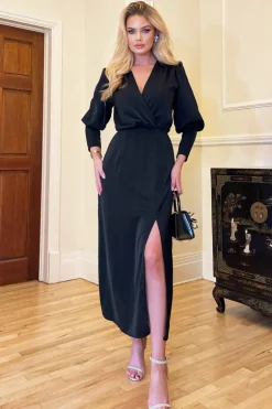 Black Wrap Top Long Sleeve Midi Dress