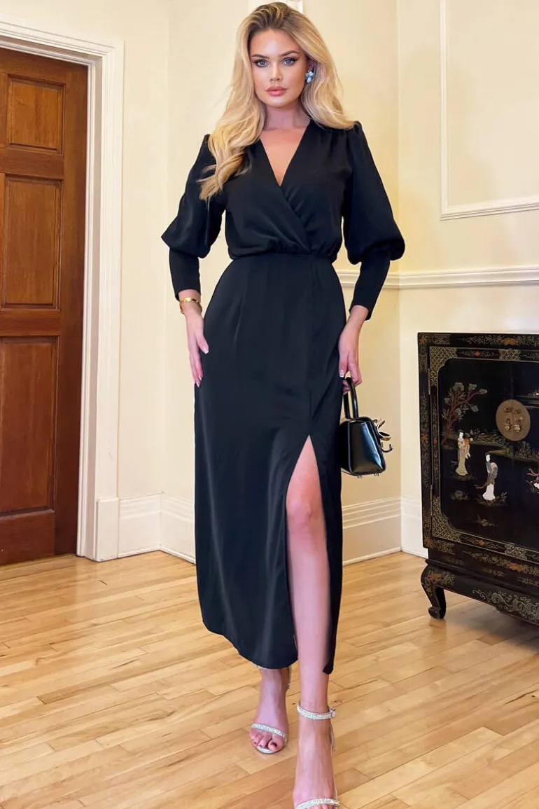 Black Wrap Top Long Sleeve Midi Dress
