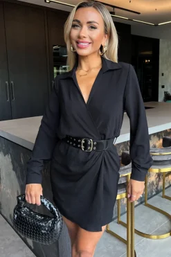 Black Wrap Top Long Sleeve Belted Mini Dress