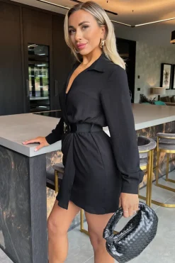 Black Wrap Top Long Sleeve Belted Mini Dress