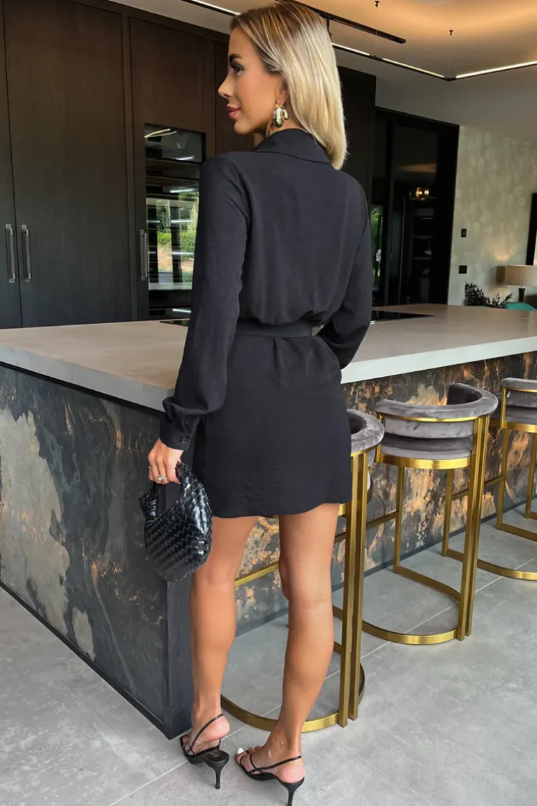 Black Wrap Top Long Sleeve Belted Mini Dress