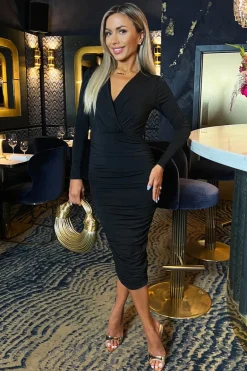 Black Wrap Top Long Sleeve Ruched Bodycon Midi Dress