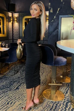 Black Wrap Top Long Sleeve Ruched Bodycon Midi Dress