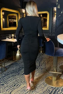 Black Wrap Top Long Sleeve Ruched Bodycon Midi Dress