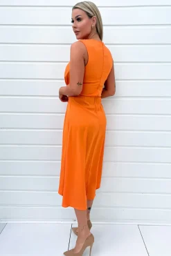 Blood Orange Gathered Midi Dress With Shoulder Pads