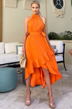 Blood Orange Halterneck Dipped Hem Midi Dress