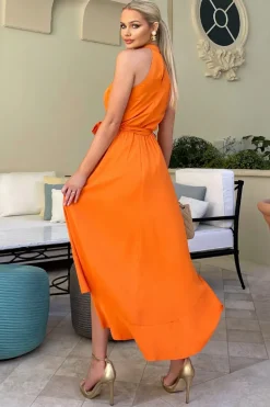 Blood Orange Halterneck Dipped Hem Midi Dress