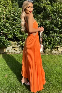Blood Orange One Shoulder Cut Out Pleated Midi Dress