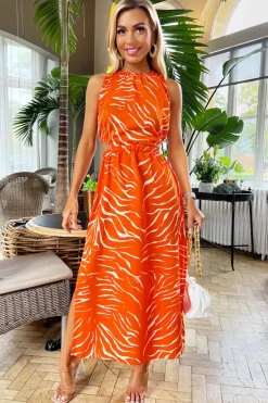 Blood Orange Printed Cut Out Midi Dress