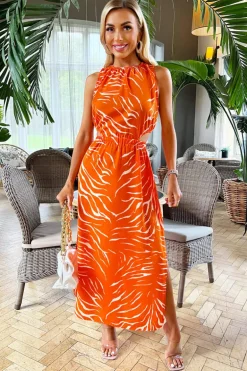 Blood Orange Printed Cut Out Midi Dress