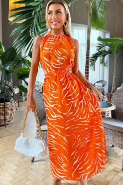 Blood Orange Printed Cut Out Midi Dress