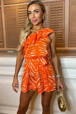 Blood Orange Printed One Shoulder Playsuit