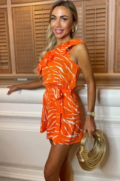 Blood Orange Printed One Shoulder Playsuit