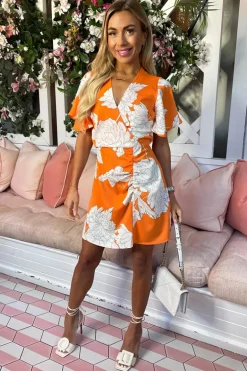 Blood Orange Printed Short Sleeve Gathered Mini Dress