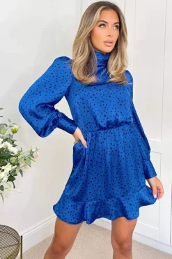 Blue And Black Printed High Neck Skater Dress