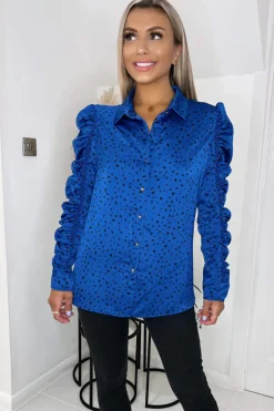 Blue And Black Printed Long Ruched Sleeve Shirt