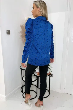 Blue And Black Printed Long Ruched Sleeve Shirt