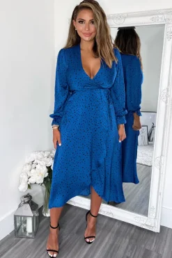 Blue And Black Printed Wrap Midi Dress