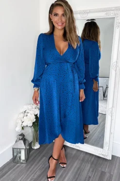 Blue And Black Printed Wrap Midi Dress