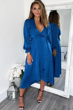 Blue And Black Printed Wrap Midi Dress