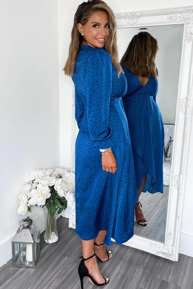Blue And Black Printed Wrap Midi Dress