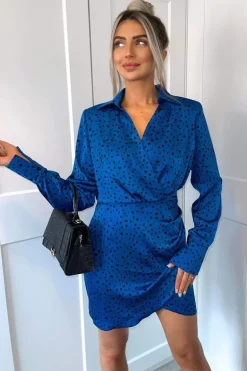 Blue And Black Printed Wrap Shirt Dress