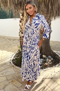 Blue And Cream Brush Stroke Print 3/4 Sleeve Shirt Midi Dress