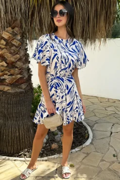 Blue And Cream Brush Stroke Print Butterfly Sleeve Skater Mini Dress