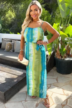 Blue And Green Smudge Stripe Print Tie Waist Strappy Midi Dress
