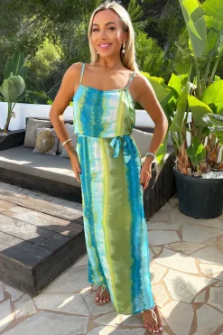Blue And Green Smudge Stripe Print Tie Waist Strappy Midi Dress