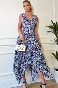 Blue And Red Floral Printed V Neck Zig Zag Pleated Midi Dress