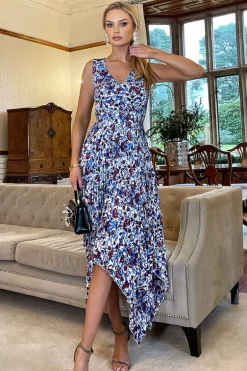 Blue And Red Floral Printed V Neck Zig Zag Pleated Midi Dress