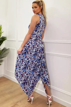 Blue And Red Floral Printed V Neck Zig Zag Pleated Midi Dress